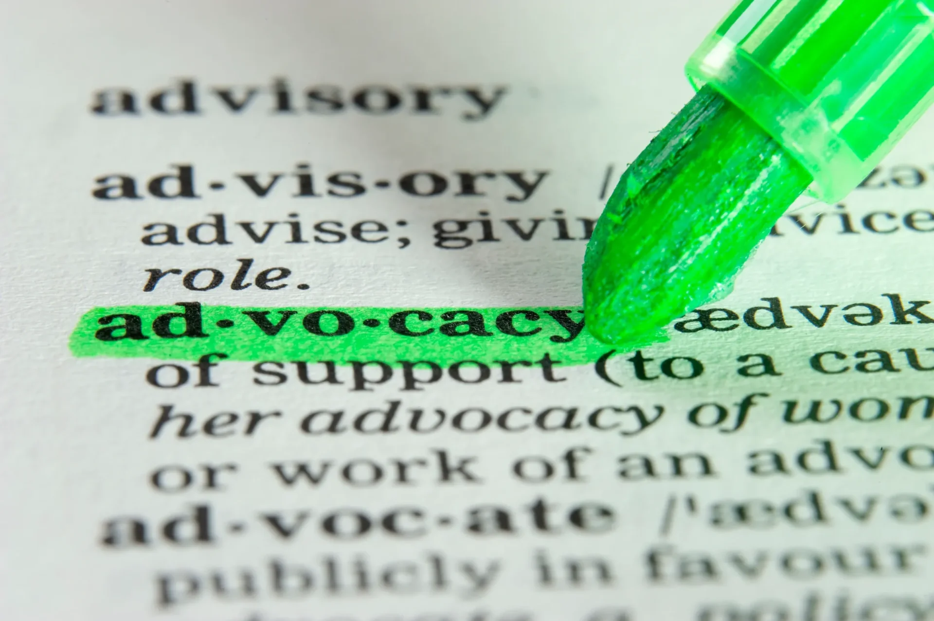 Dictionary definition of advocacy highlighted in green